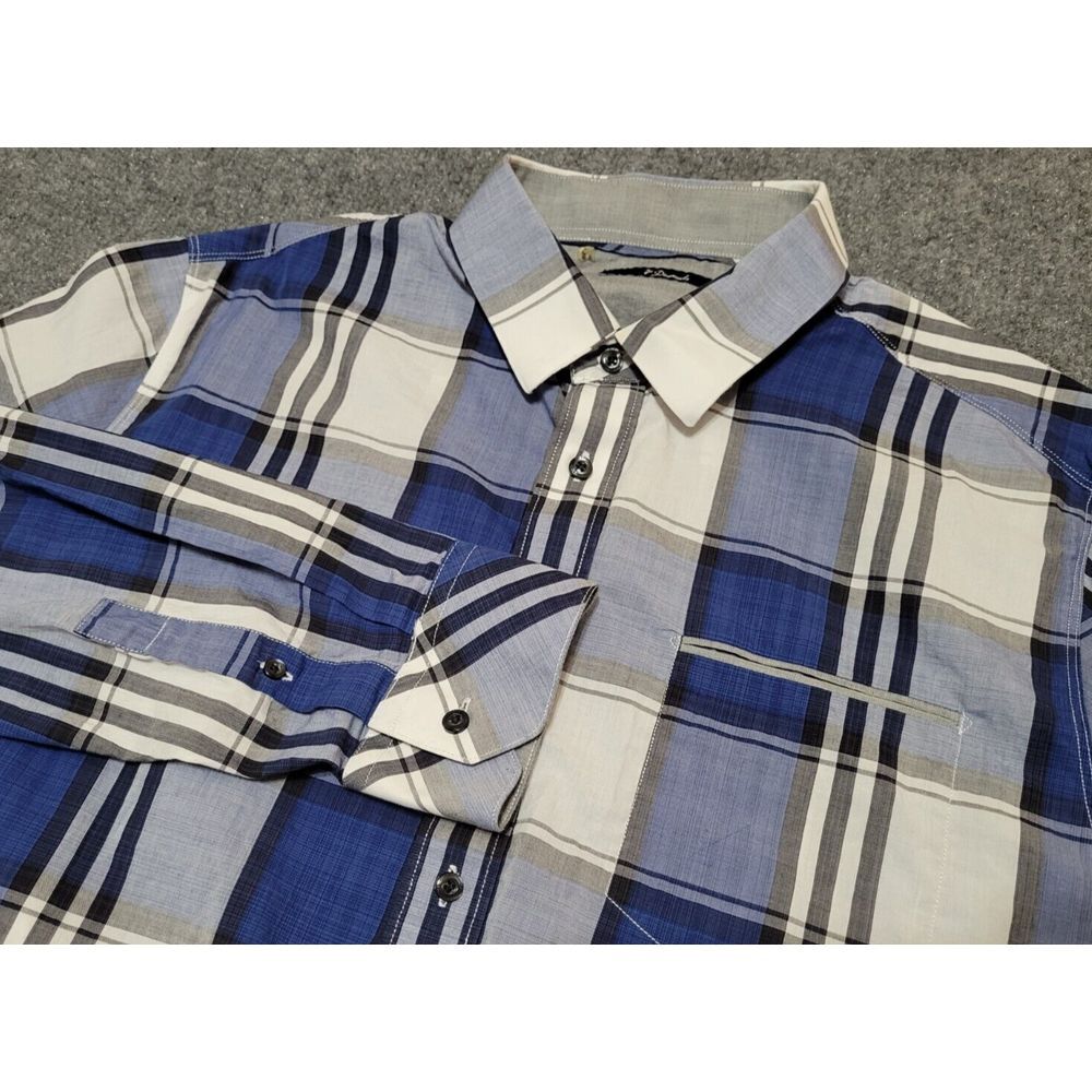 7 Diamonds Shirt Mens L Large Blue Plaid Button Up Long Sleeve‎ Drop Cut Cotton